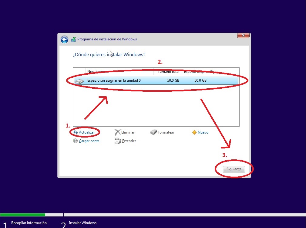 Pasos a seguir en el menú ¿Donde quieres instalar windows? Pasos a seguir en el menú ¿Donde quieres instalar windows?